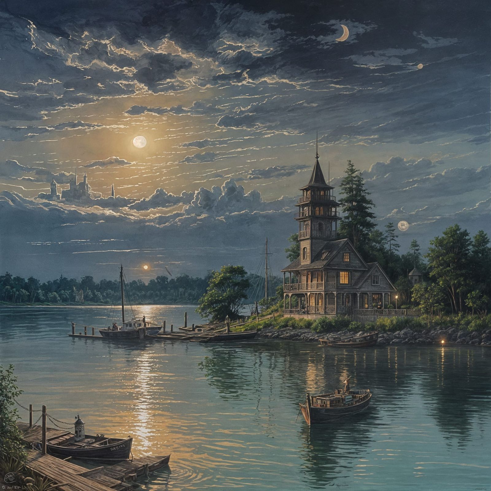 Serene River Scene at Night with a Gouache Aesthetic