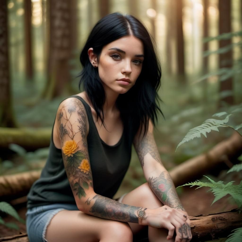 Black-Haired Woman with Tattoos in Forest Portrait