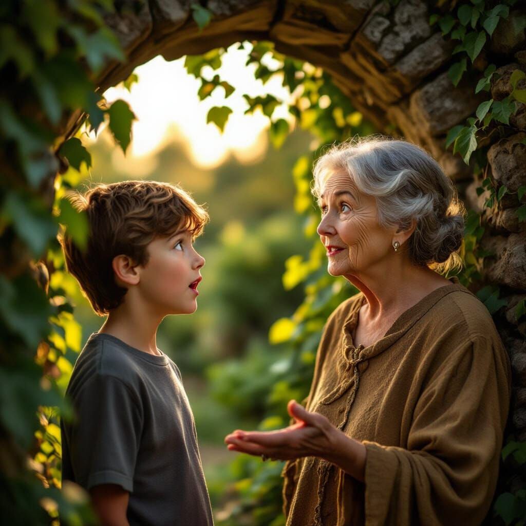 Boy Meets Mysterious Elder Near Ivy Archway