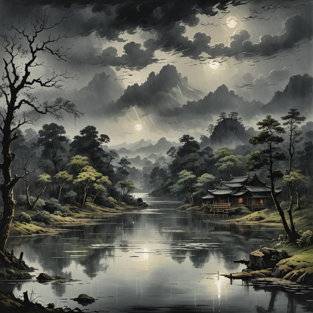 Chinese Landscape Painting with Dark Rain Clouds