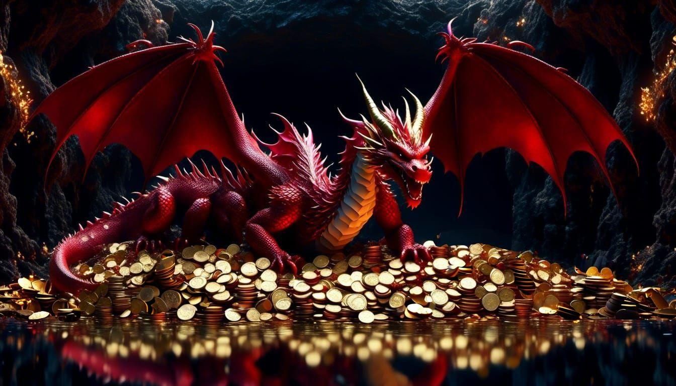 Red Dragon Sleeps on Gold Coins in Cavern