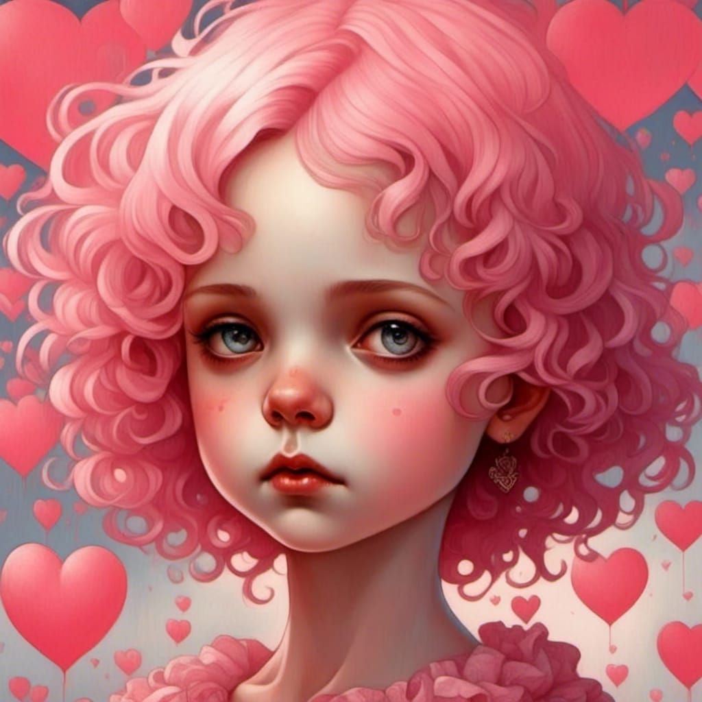 Pink Hearts Surround Cute Girl: Dreamy Illustration