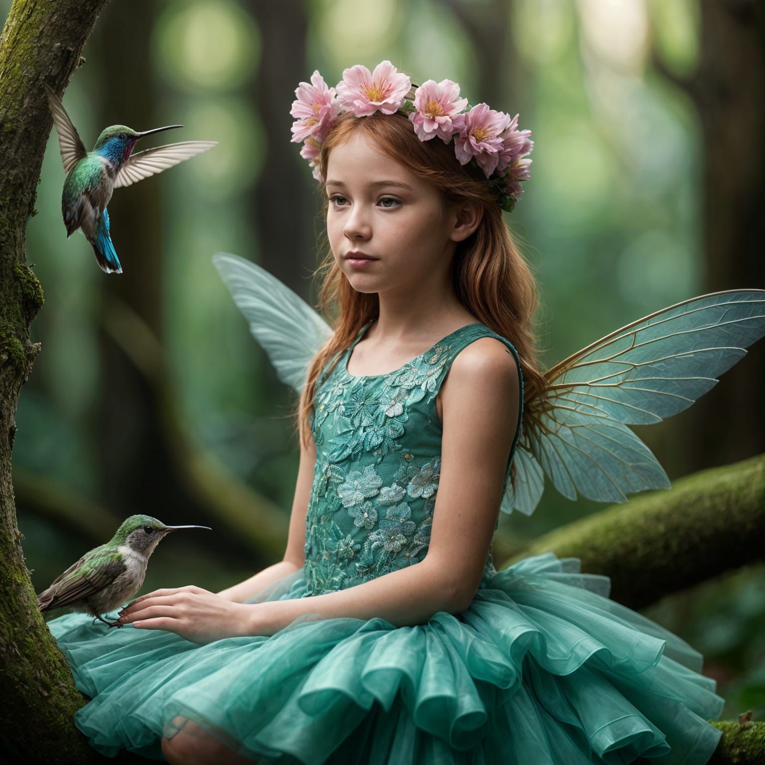 Fairy and Hummingbird in Dreamlike Forest