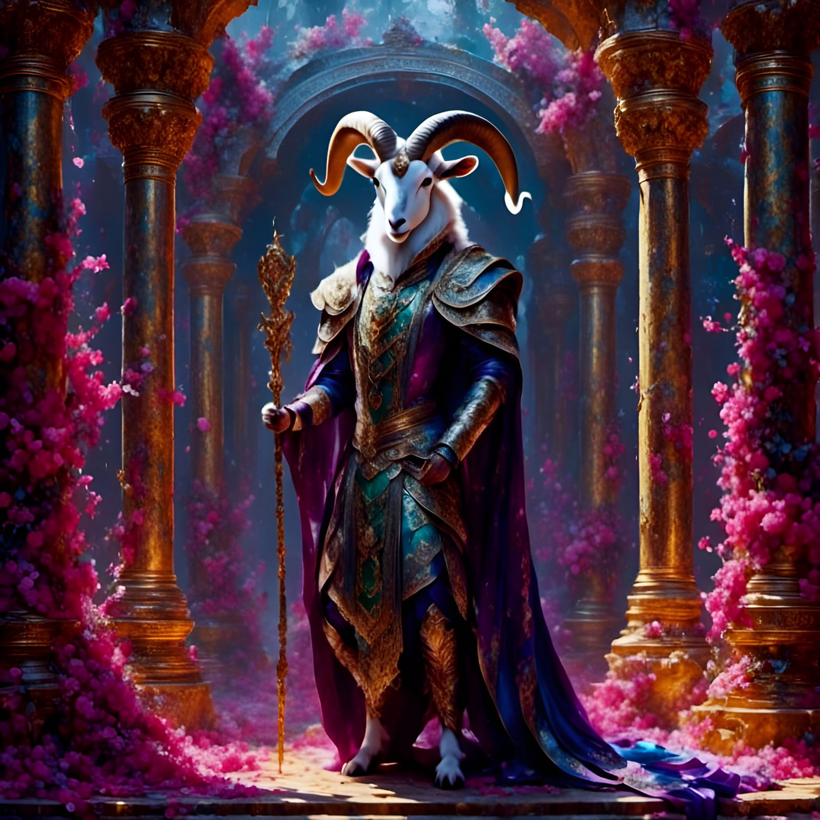 Emerald Goat Man Portrait in Opulent Chamber