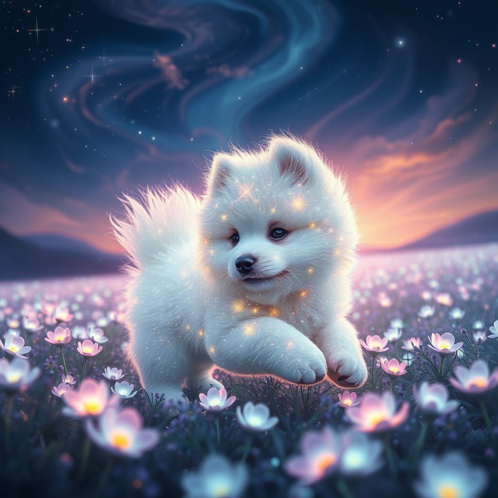 Stardust Samoyed Puppy in Bioluminescent Field