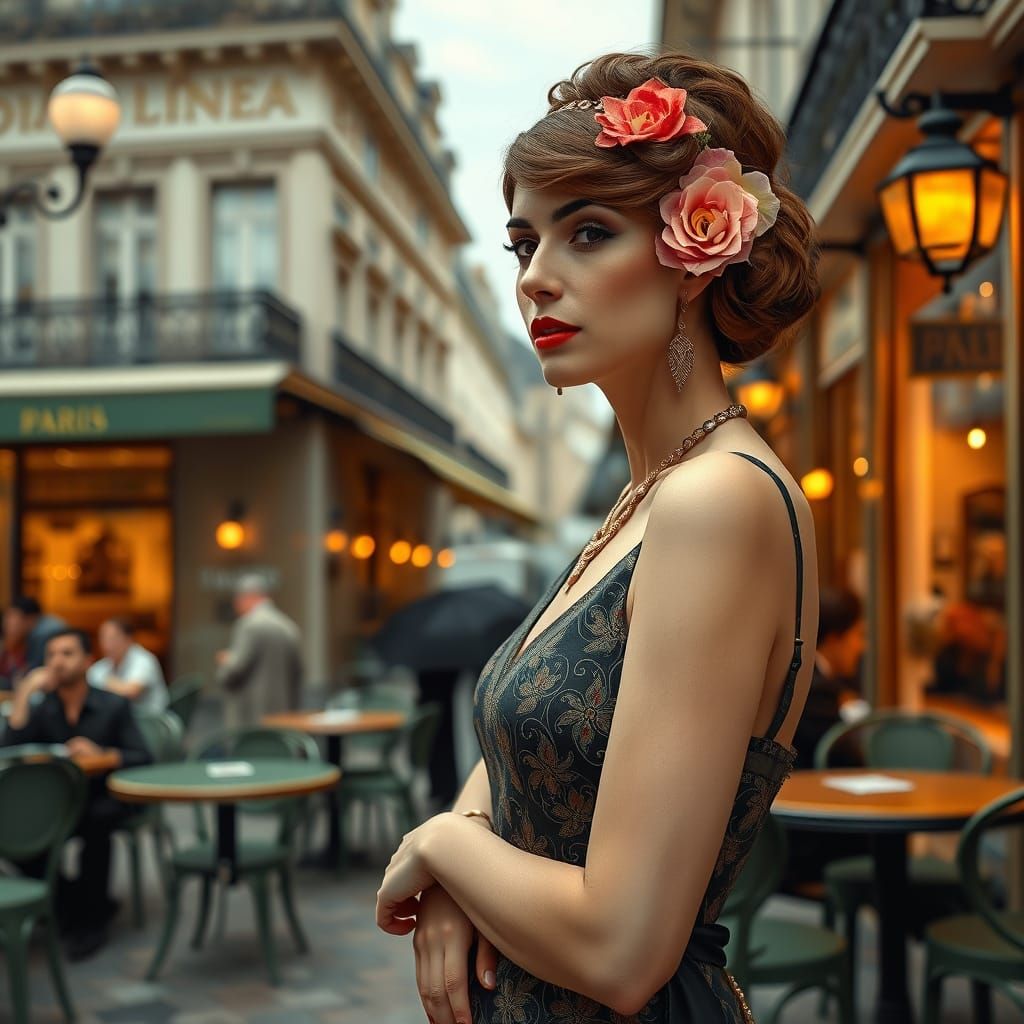 Elegant Woman in Belle Epoque Parisian Cafe