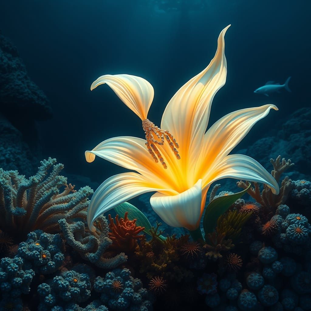 Luminous Lily Sculpture on Glowing Coral Reef