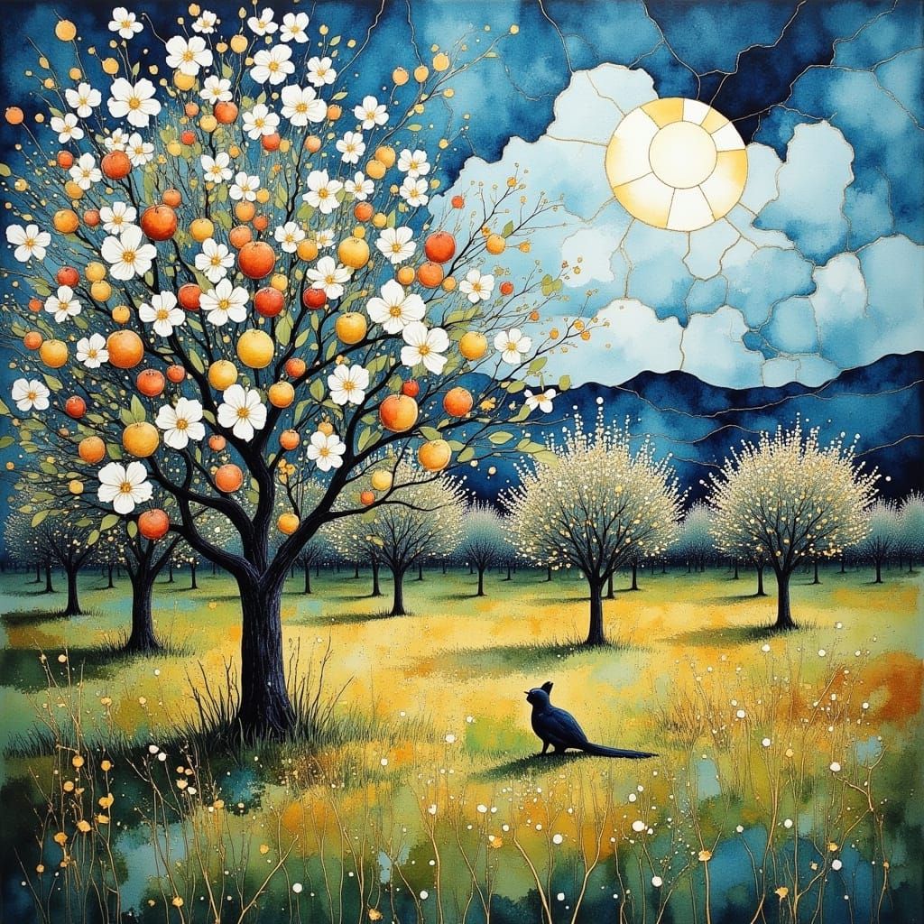 Surreal Nighttime Orchard Scene in Vibrant Vector Style