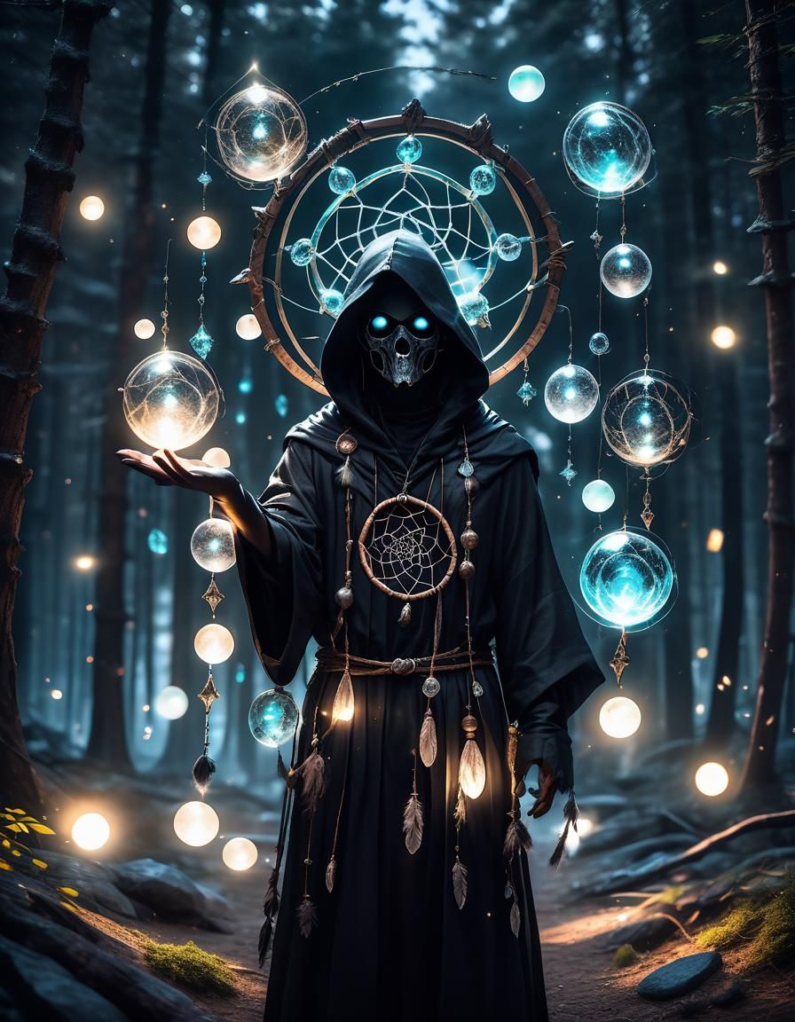 Mysterious Figure with Glowing Dreamcatcher in Fantasy Fores...