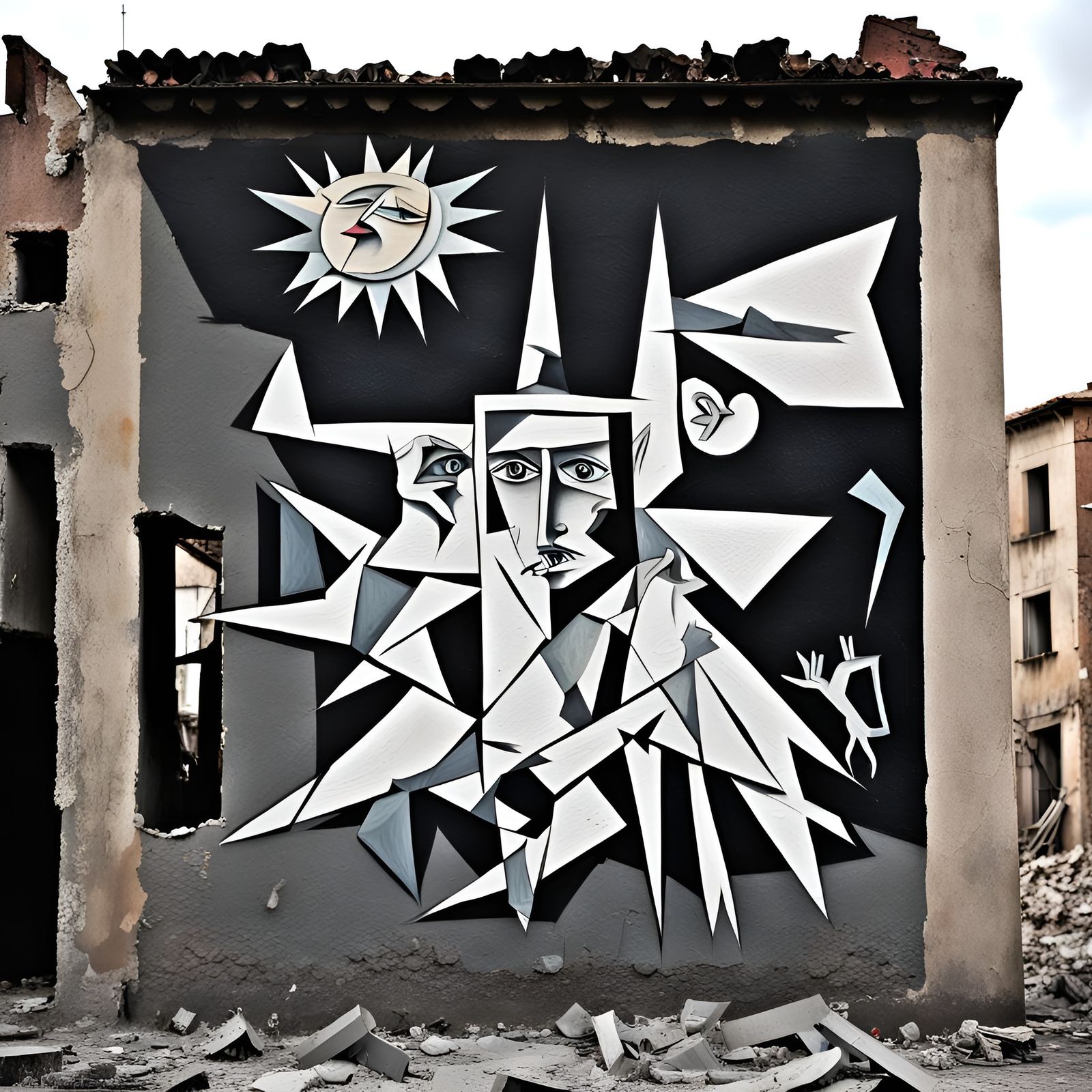 Inspired by Picasso’s anti-war painting “Guernica,” street artists paint and stencil the walls of bombed houses in a war...