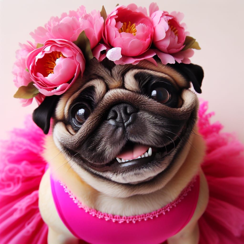 Smiling Pug in Pink Dress and Peony Wreath