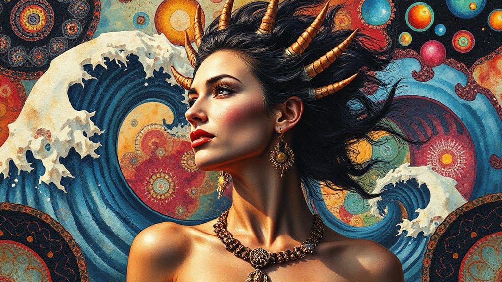 Vibrant Woman in Fractal Gouache Watercolor