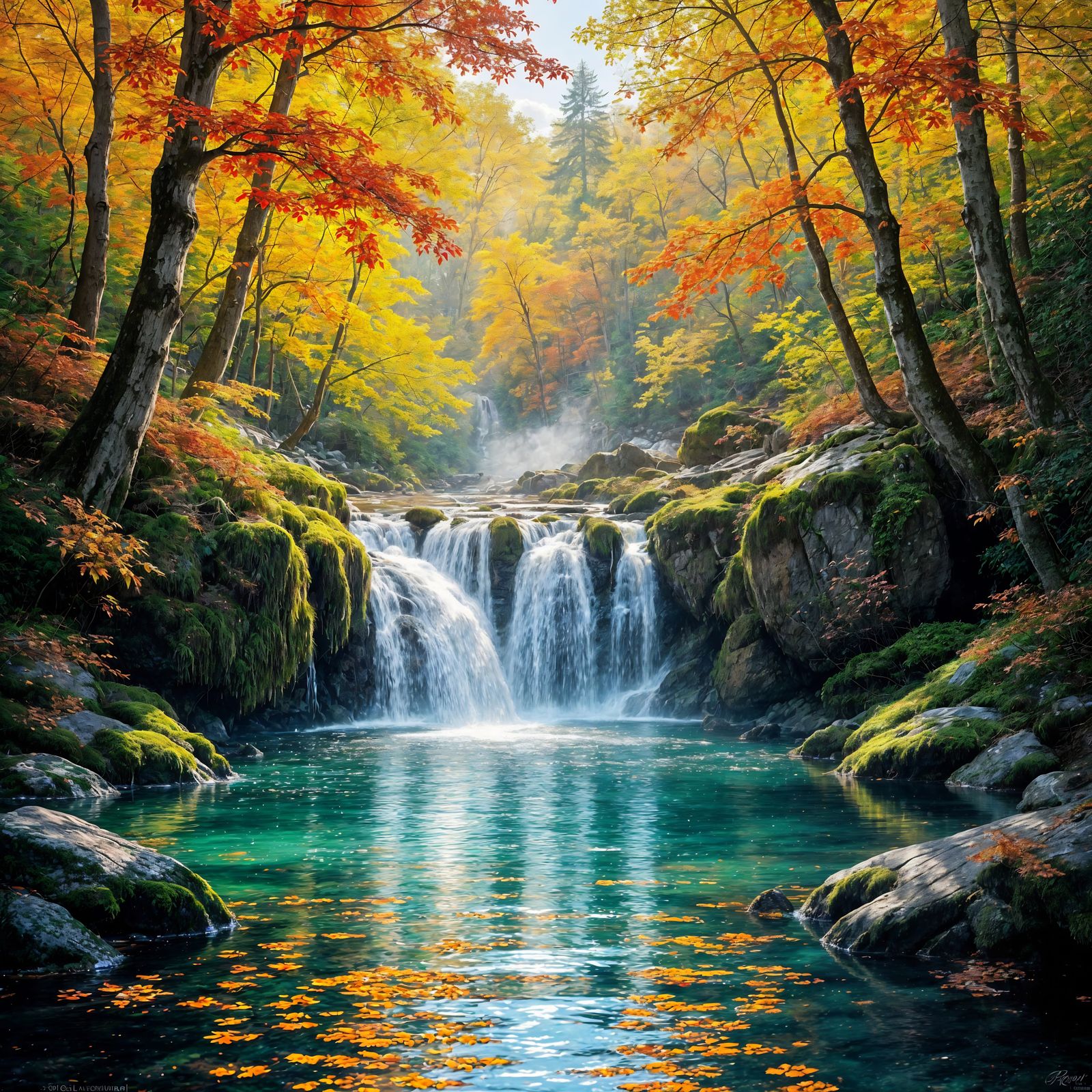 Autumn Waterfall Serenity in Realistic Impressionist Style