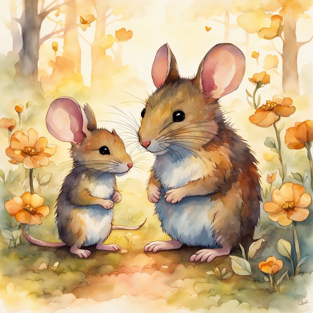 Adorable Micro Kitten and Giant Mouse in Golden Forest Light