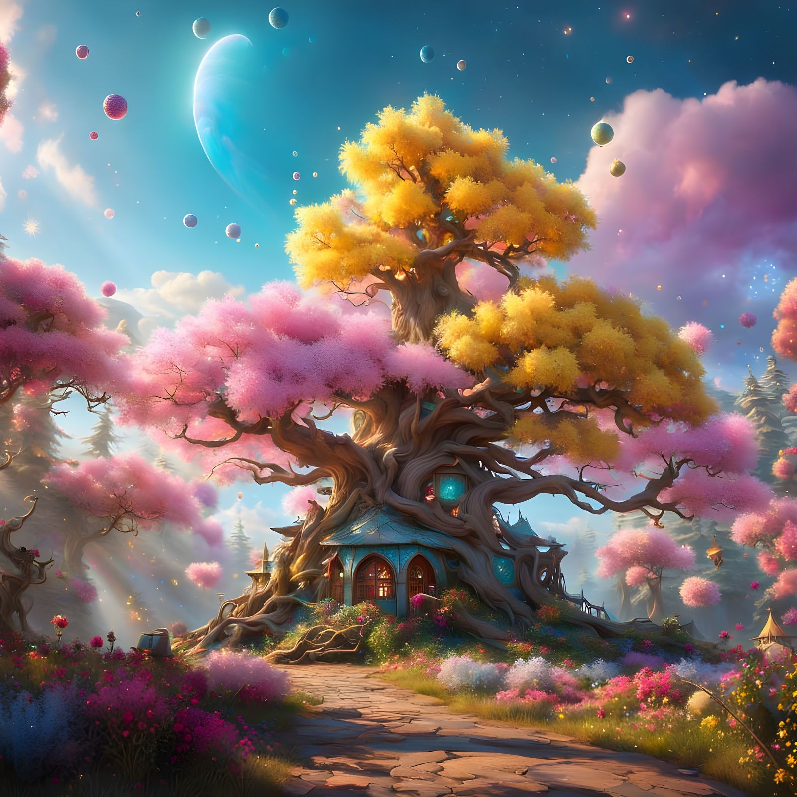 Dreamy Christmas Tree with Sparkling Clouds and Flowers