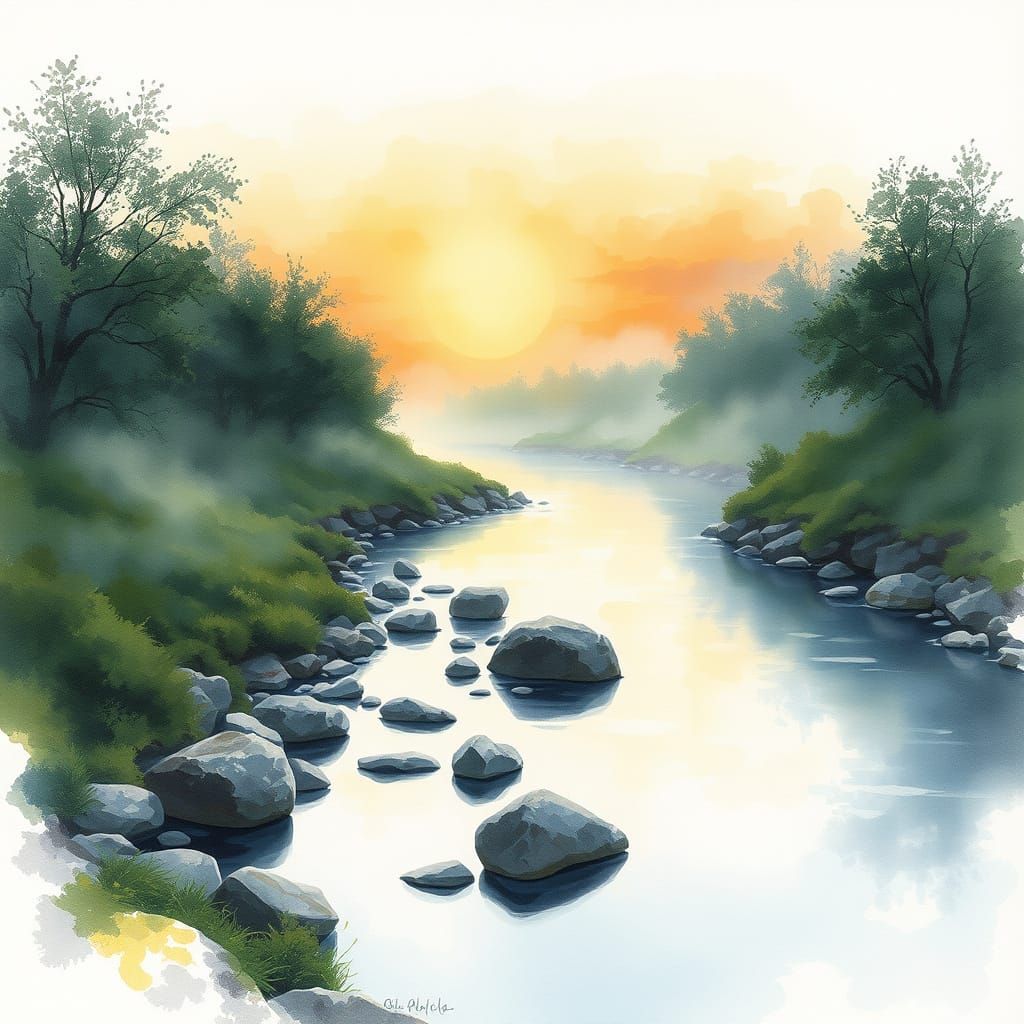 River at Sunset in Watercolor Style