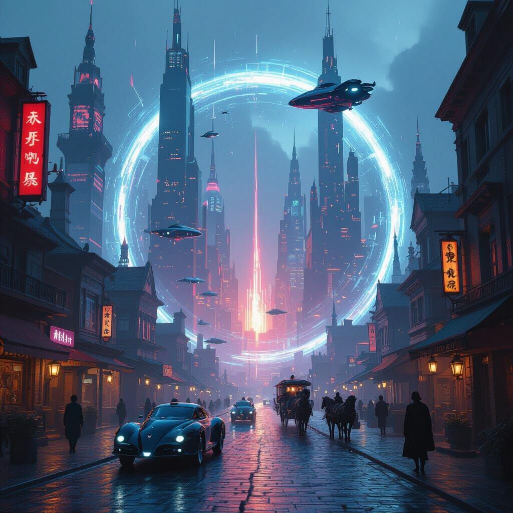 Two Eras Collide Through a Swirling Portal