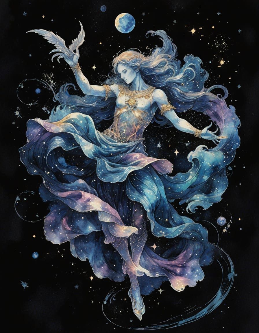 Celestial Scribe in Space with Watercolor Ink