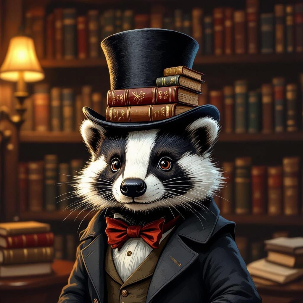 Sophisticated Badger in Top Hat in Cozy Study