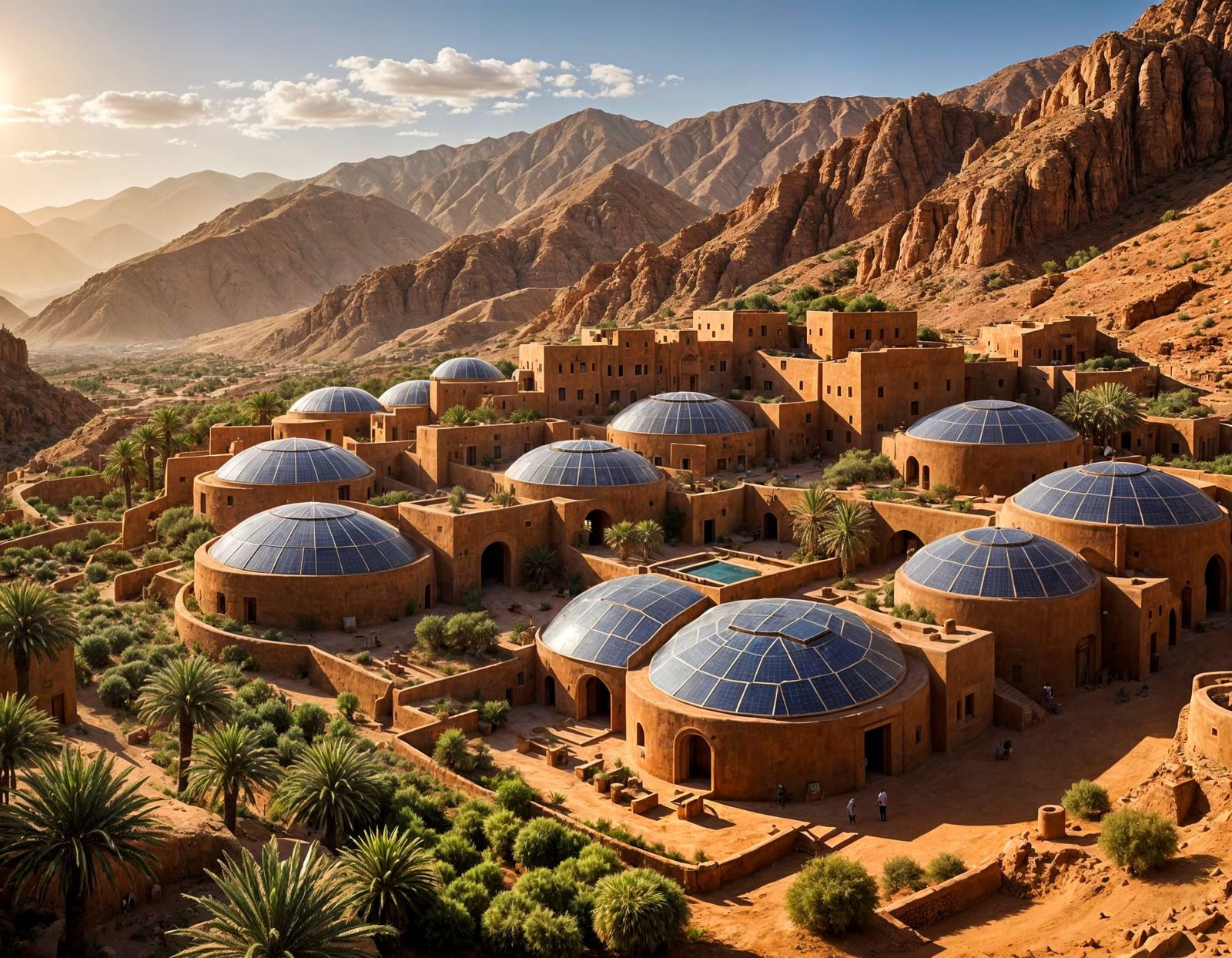 Sustainable Solarpunk Village Amidst Red Hills