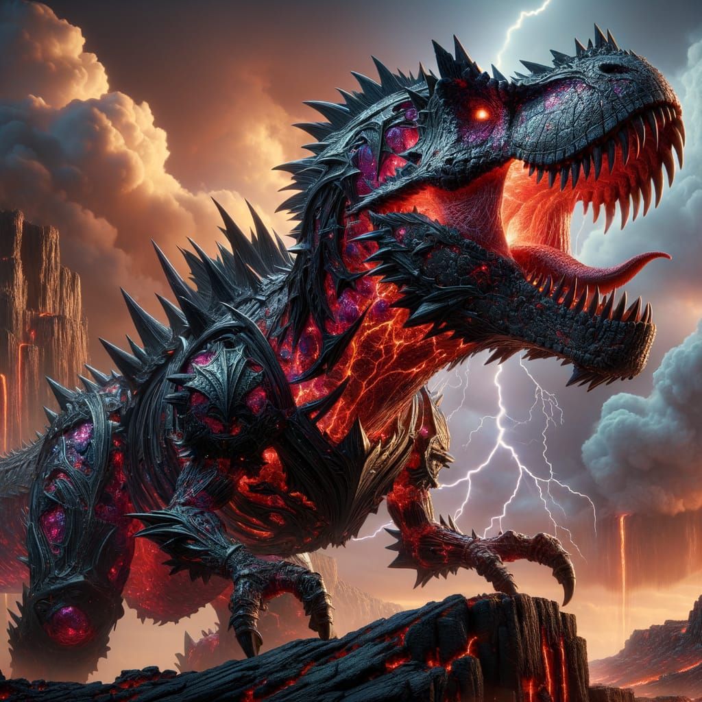 Opal Armored T-Rex Roars on Volcanic Cliff