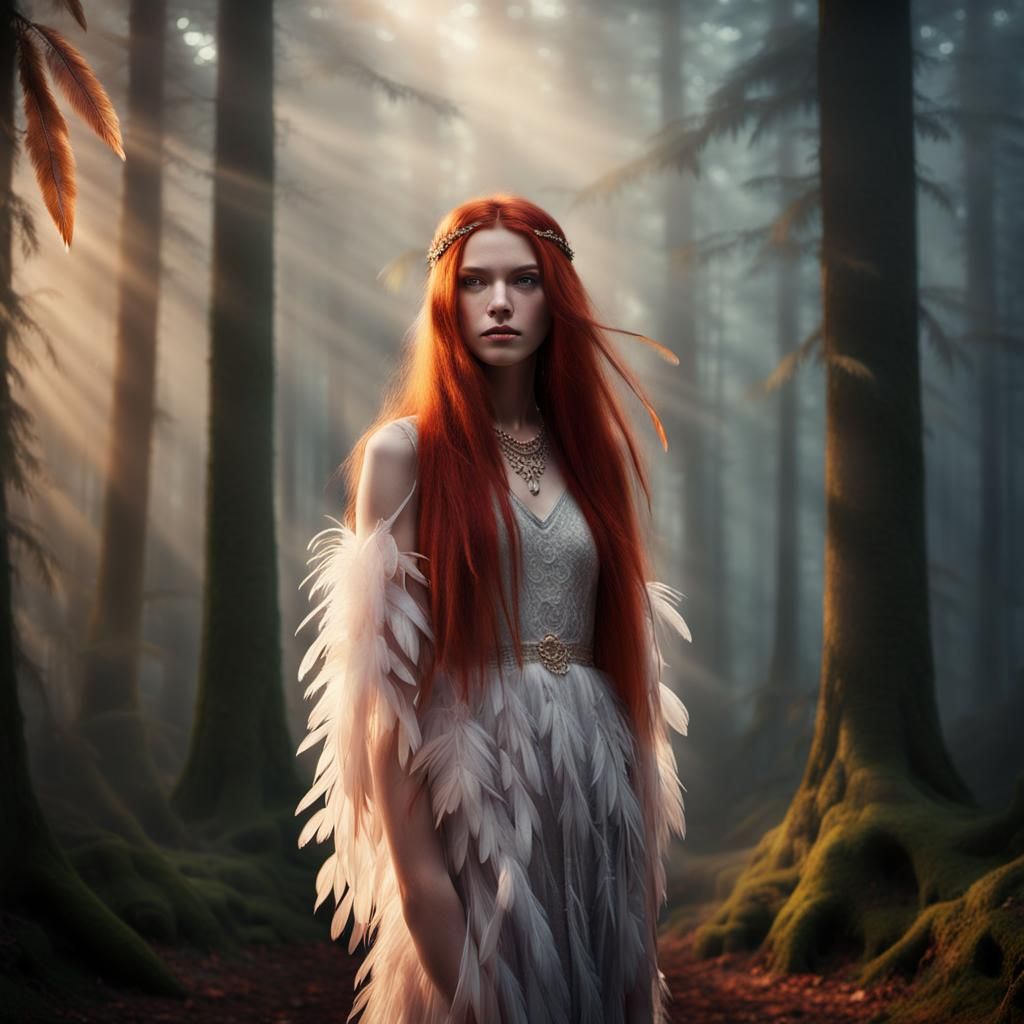 Teenage Girl in Feather Dress: Hyper-Realistic Digital Portr...