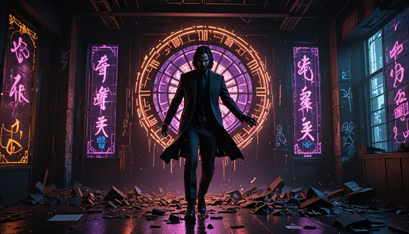 Neon-Noir Cyberpunk Action Hero in High-Stakes Spin Kick