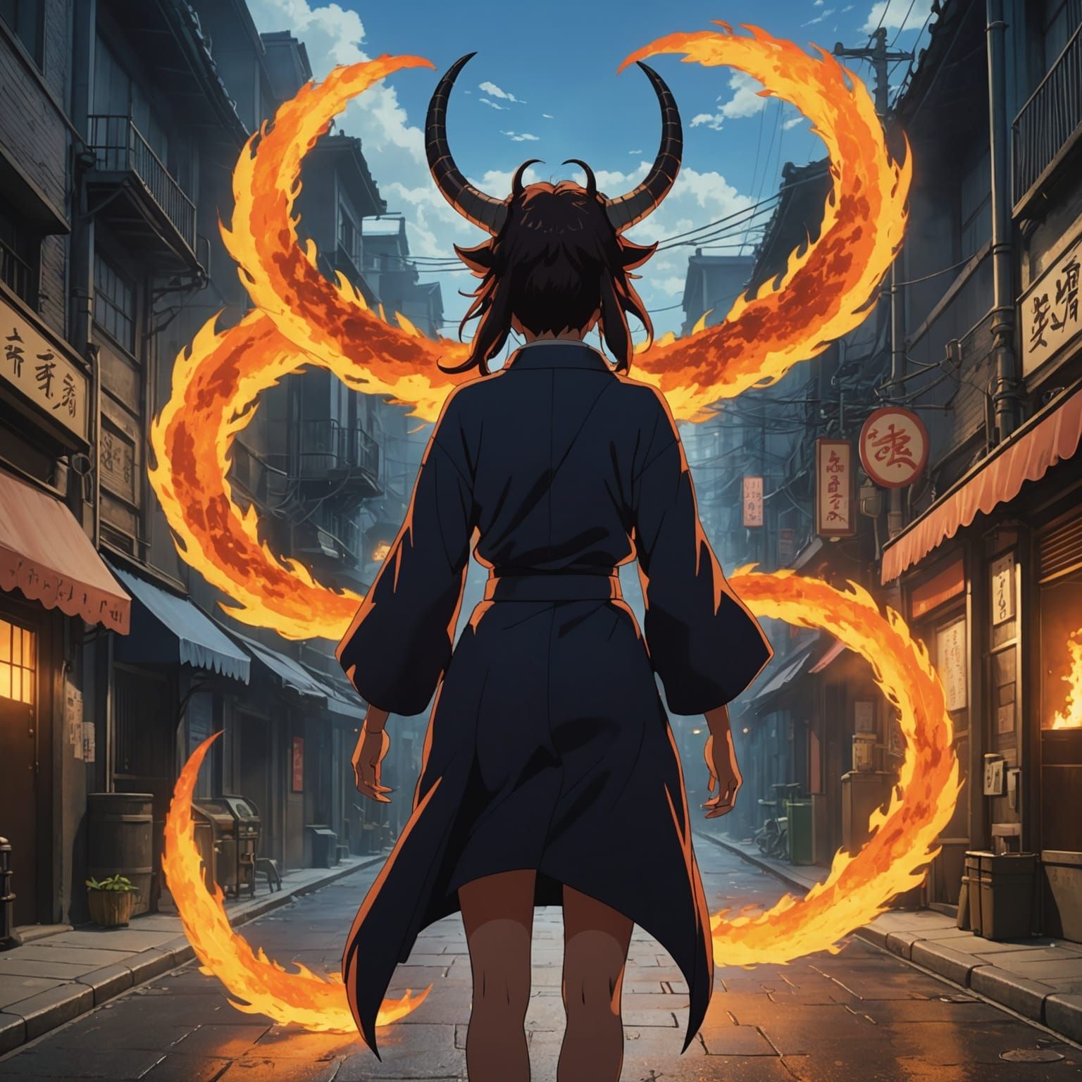 Anime Female Demon in Burning Street, Ghibli Style