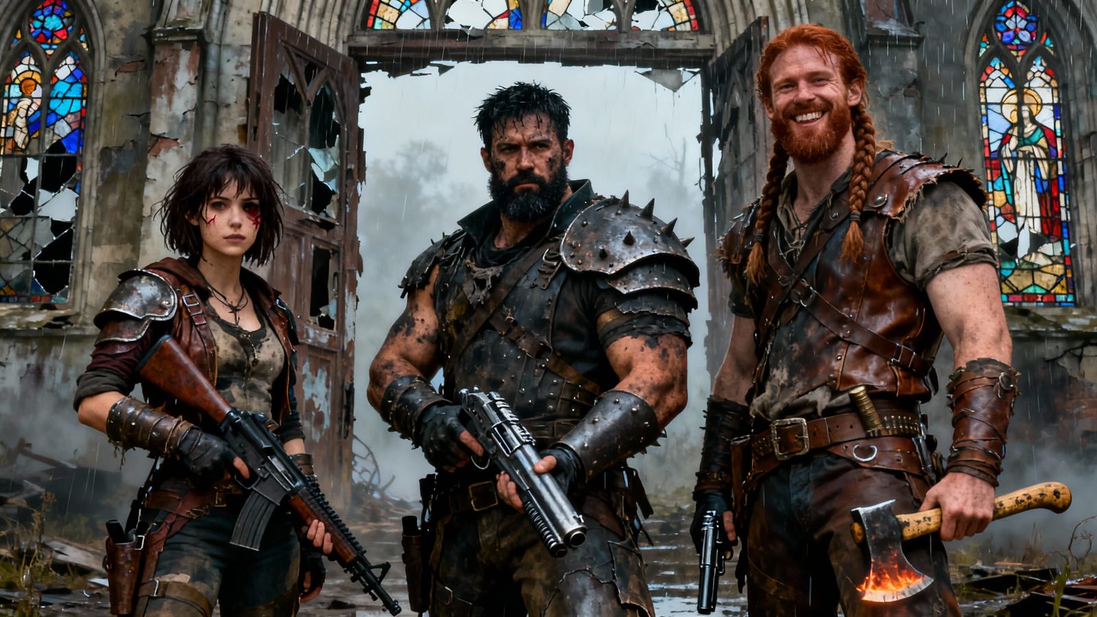 Post-Apocalyptic Outlaw Gang Outside Ruined Church