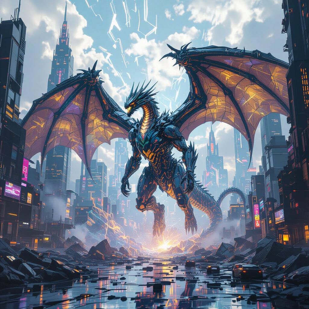 Biomechanical Dragon Emerges in Cyberpunk Cityscape