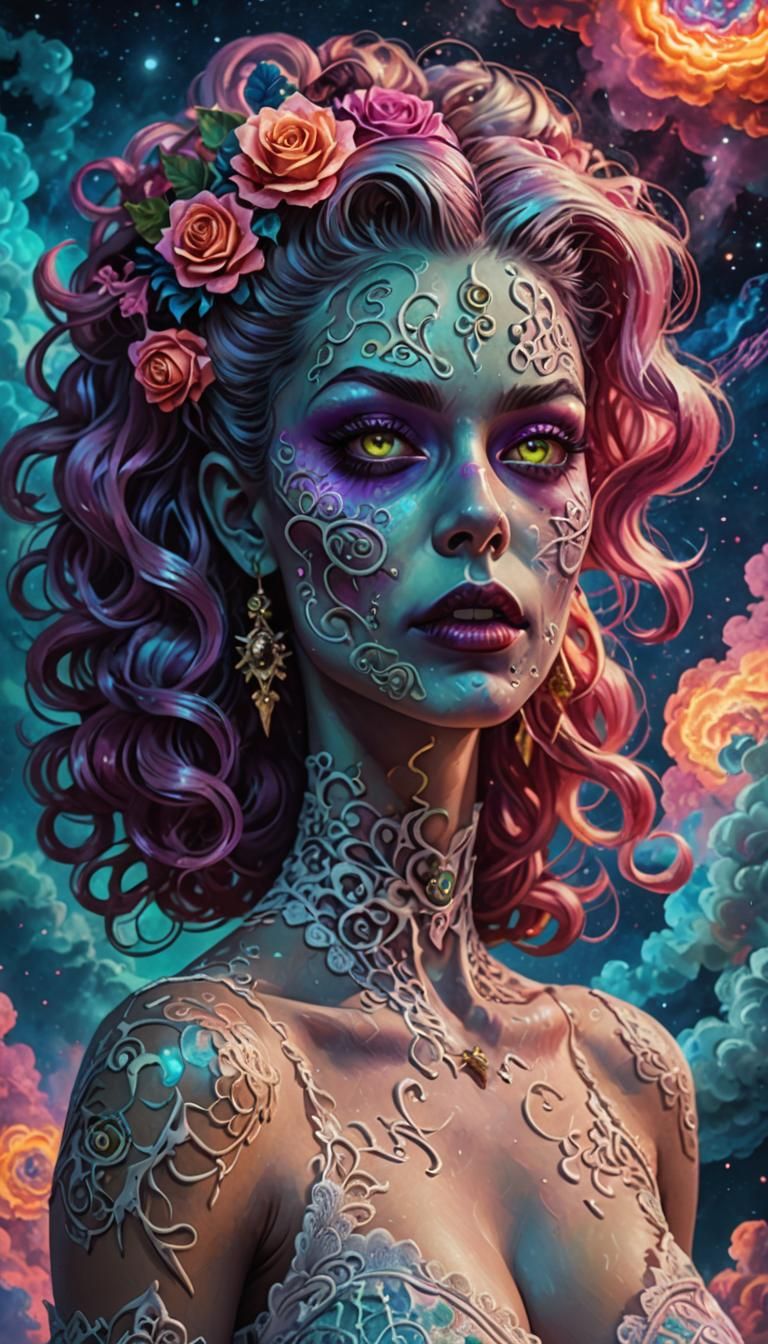 Zombie Pinup in Cosmic Astral Holographic Illustration