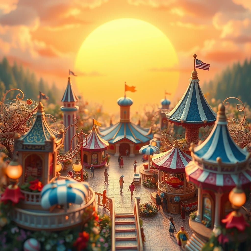 Whimsical Miniature Amusement Park at Sunset