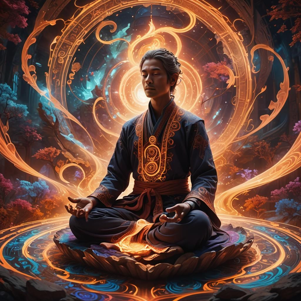 Serene Meditating Figure Surrounded by Swirling Energy