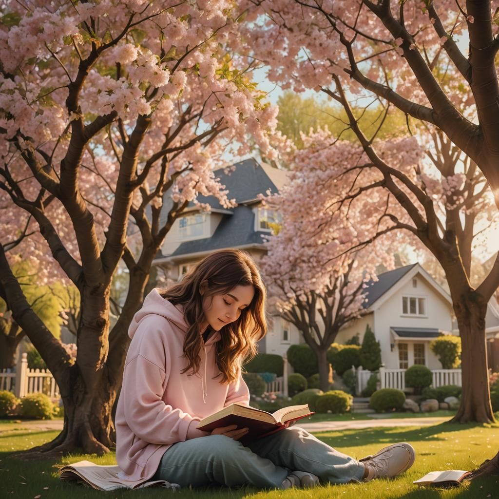 Girl Reading Book Under Cherry Tree
