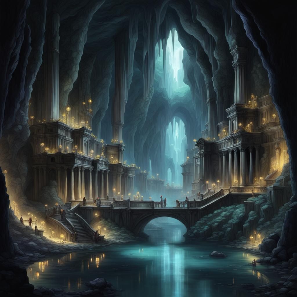 Underground City Illuminated by Crystals and Fungi