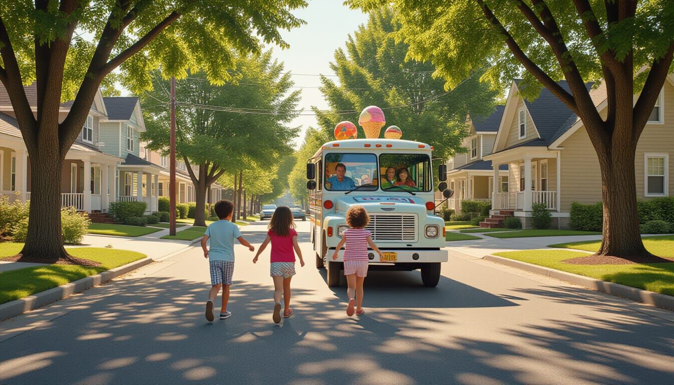 Children Chase Ice Cream Truck: Photorealistic Summer Scene