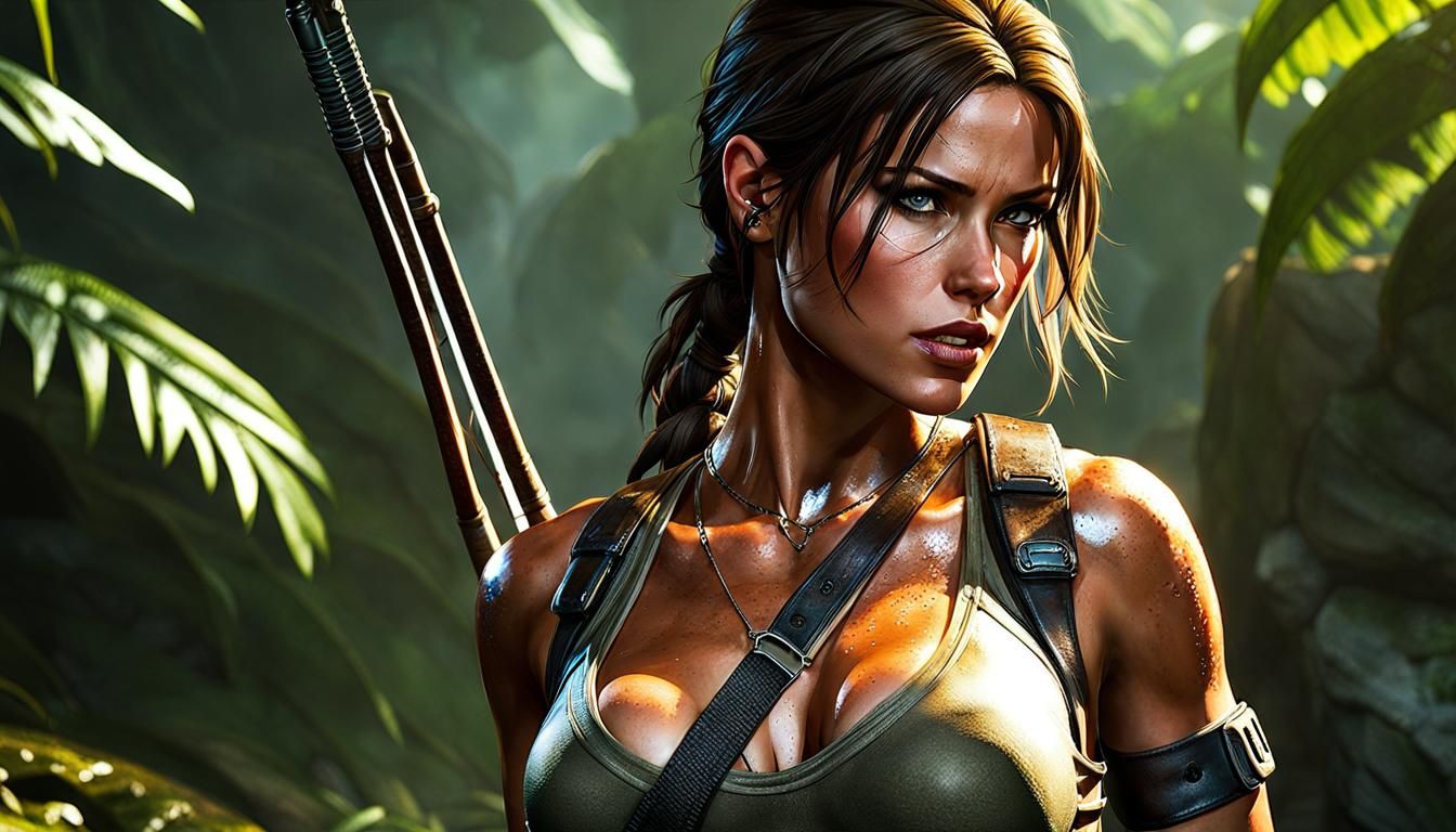 Hyperrealistic Lara Croft in Wet Bikini, Anime Style