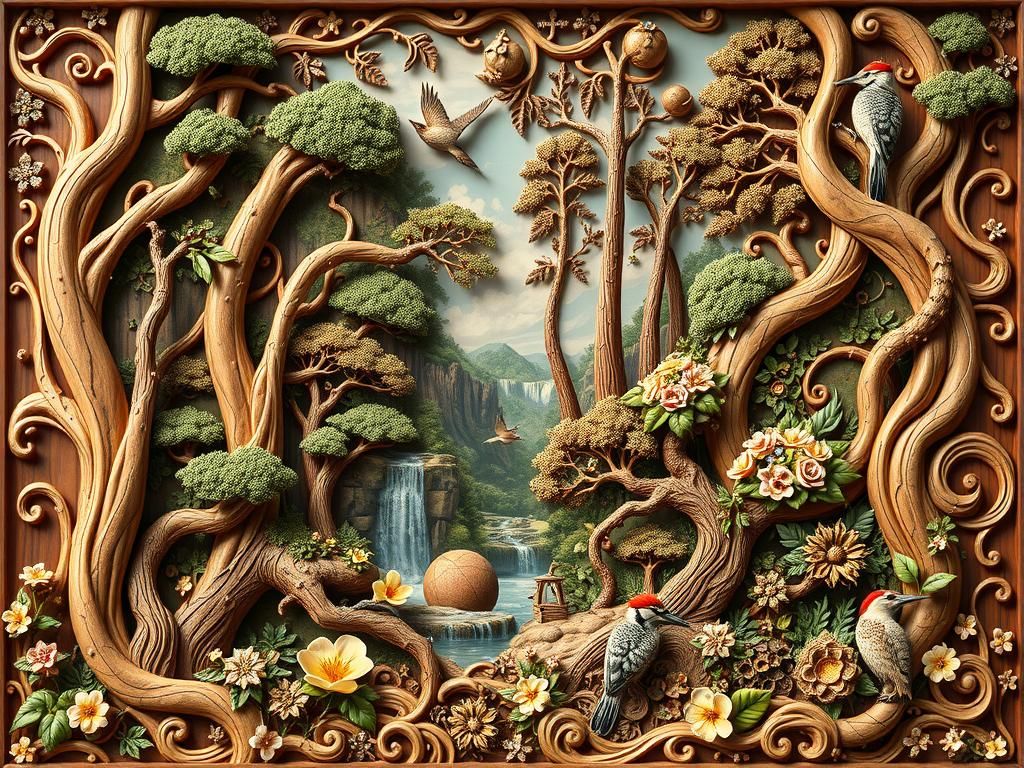 Intricate Wood Carving of a Lush Fractal Forest