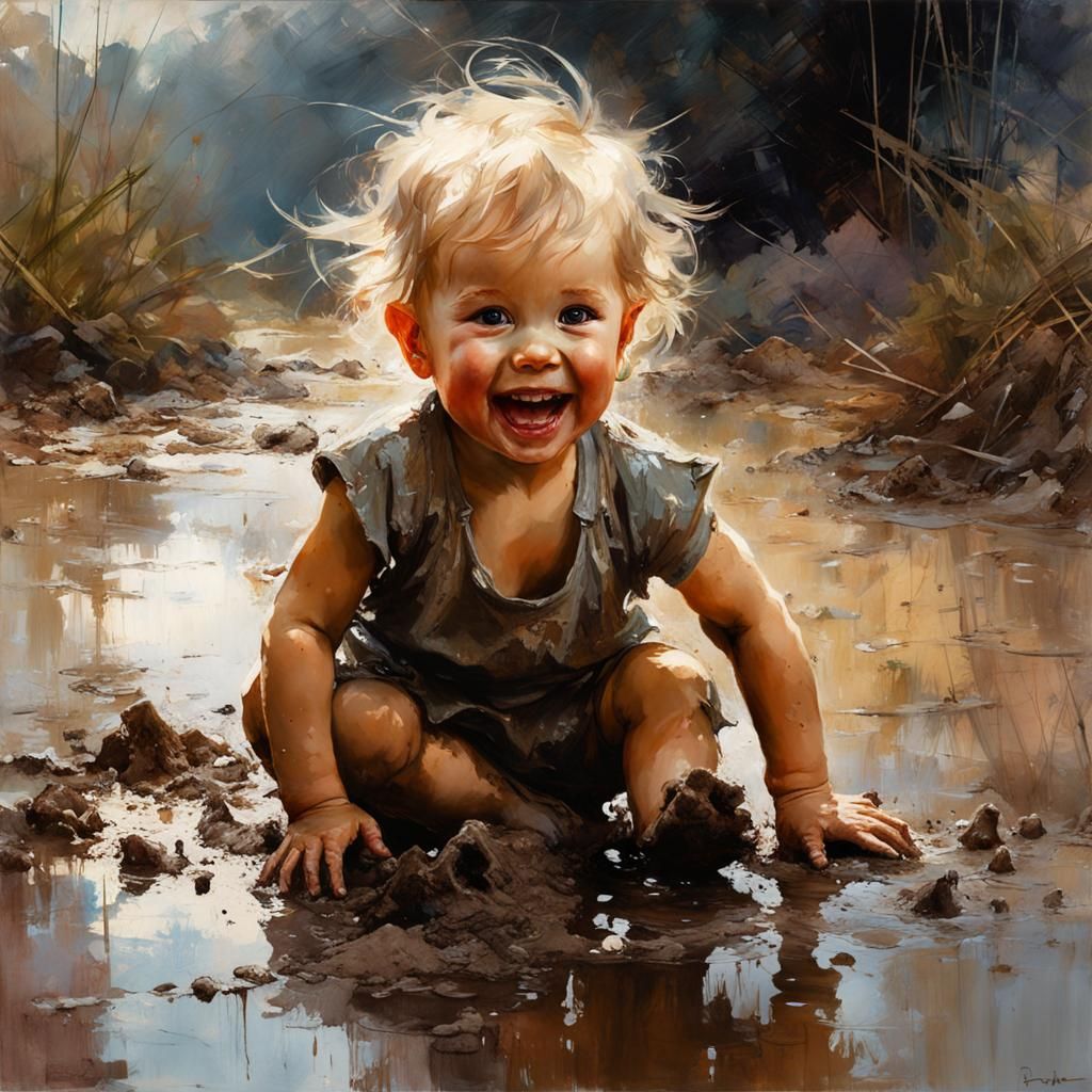 Laughing Toddler in Mud Puddle: Matte Painting