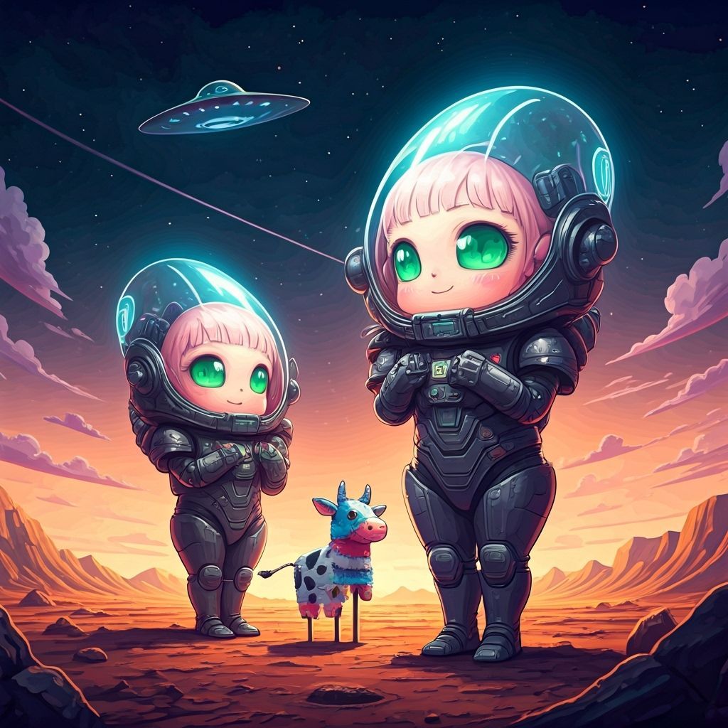 Cute Chibi Aliens with Retrofuturistic Bats on Mars
