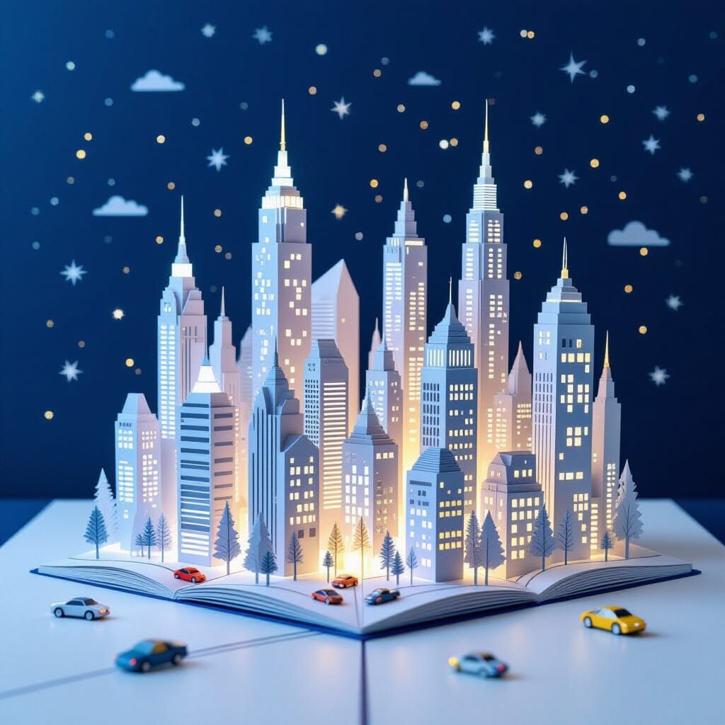 Futuristic Pop-Up Book Cityscape with Paper Art Style