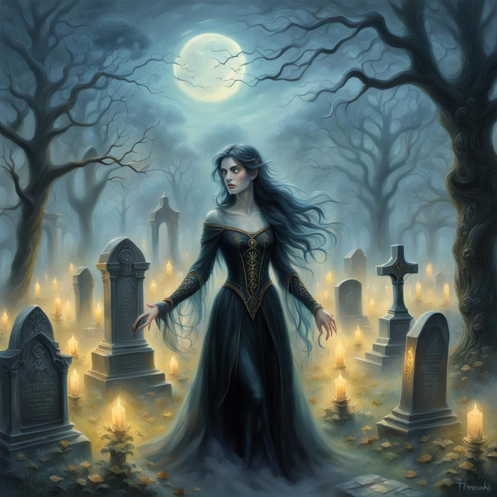 Ethereal Elf in Misty Graveyard Oil Painting