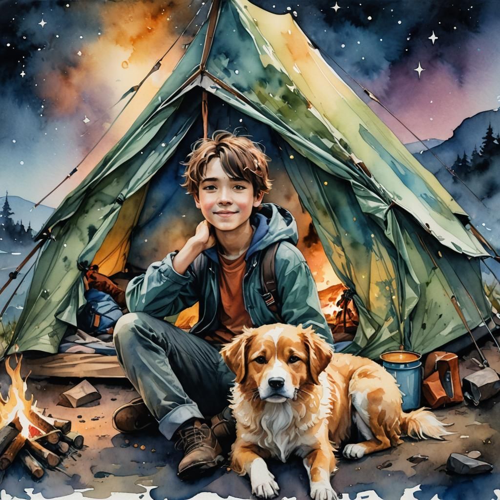 Watercolor Camping Scene with Boy and Dog