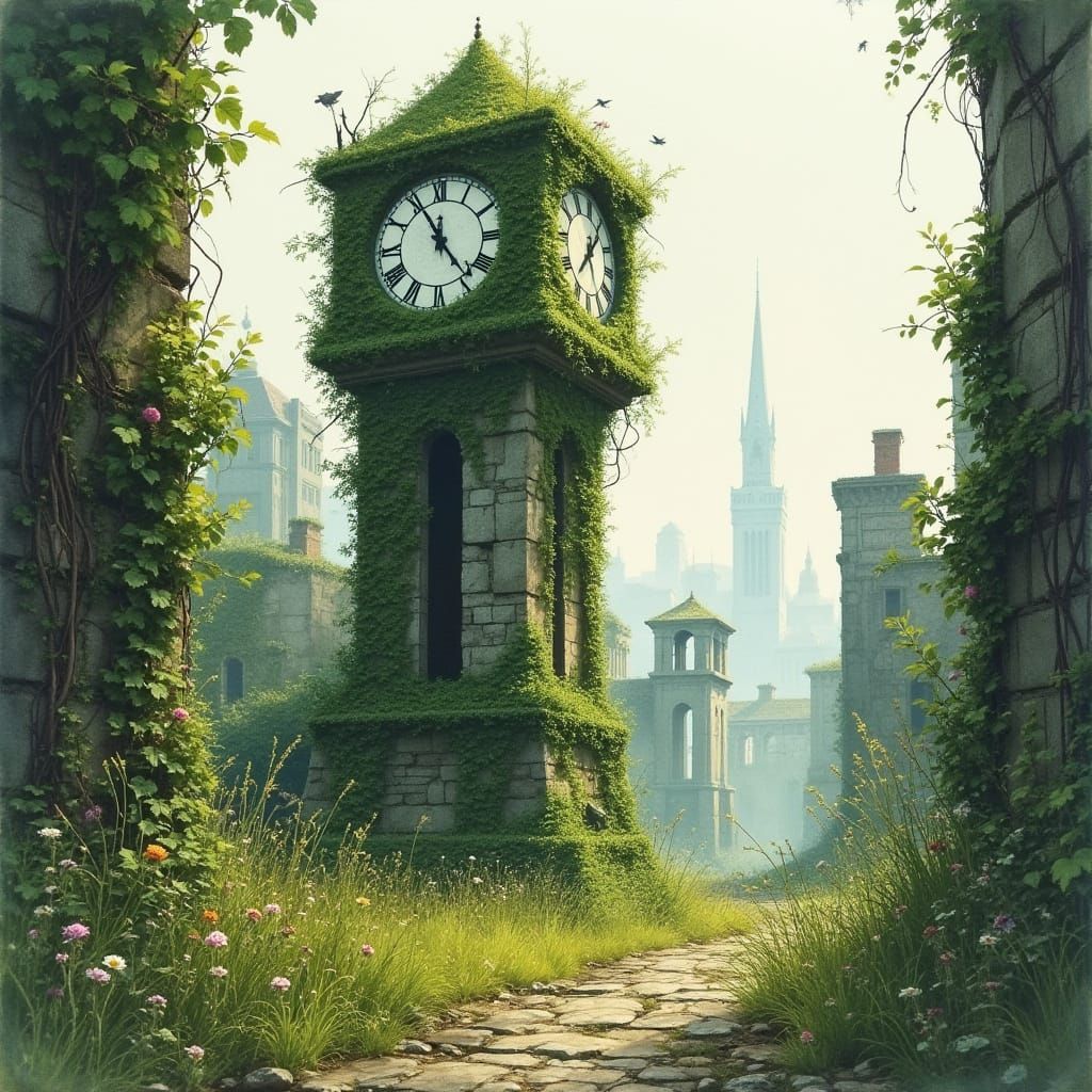 Overgrown Clock Tower in Nature-Reclaimed City