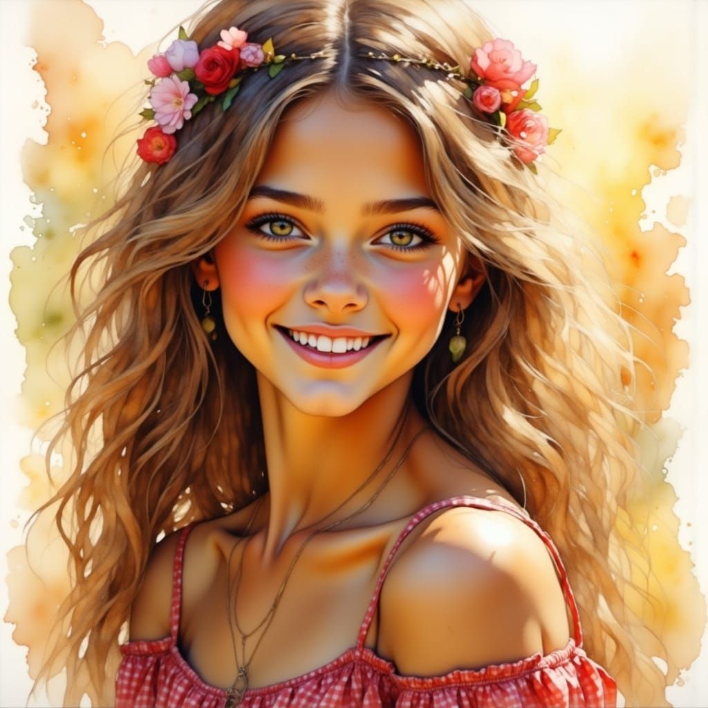 Dreamy Portrait of Girl in Summer Dress as Painterly Art