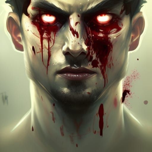 Cruel Faced Man Drenched in Blood: Hyperdetailed Portrait