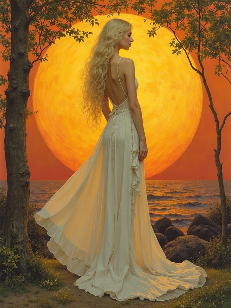 Blond Woman in White Sun Dress at Sunset