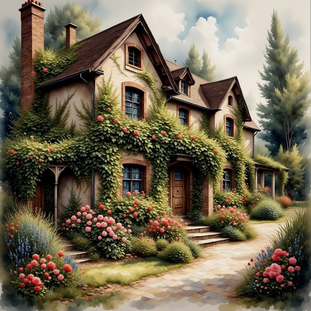 Farmhouse with Roses and Ivy in Watercolor Style