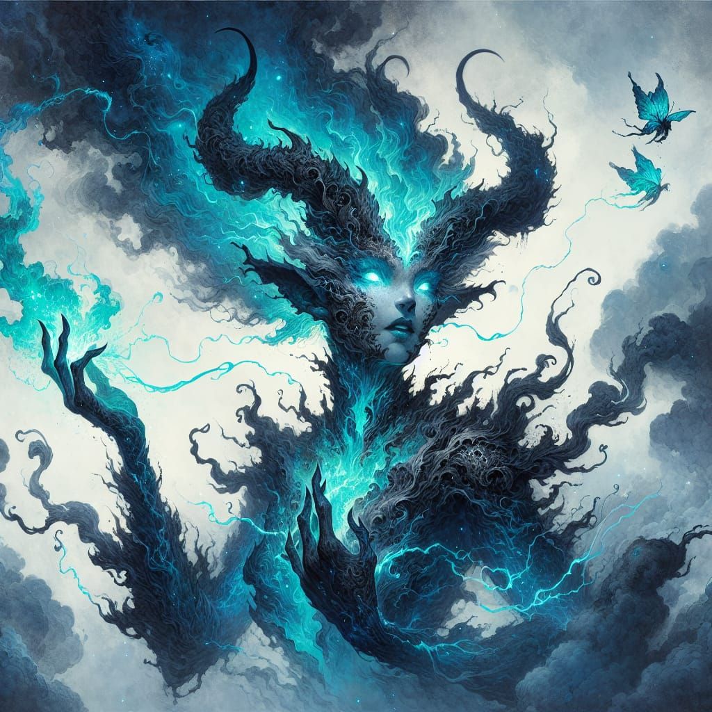 A Dark Elemental Tiefling Born from Cyan Flames