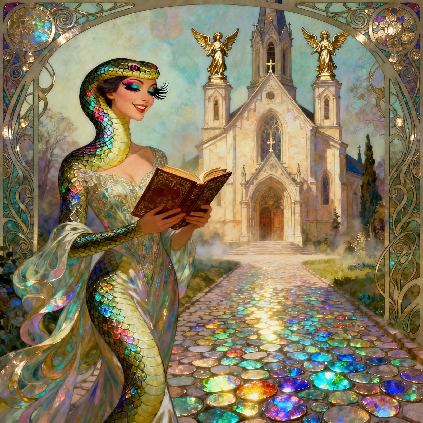 Art Nouveau Snake Lady Approaches Majestic Church